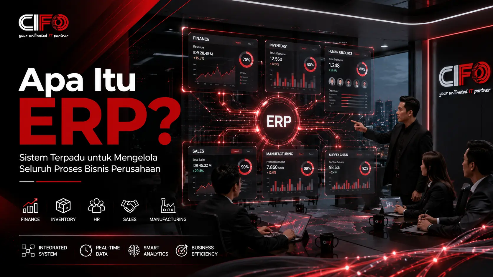 Visualisasi sistem ERP yang mengintegrasikan seluruh proses bisnis perusahaan.