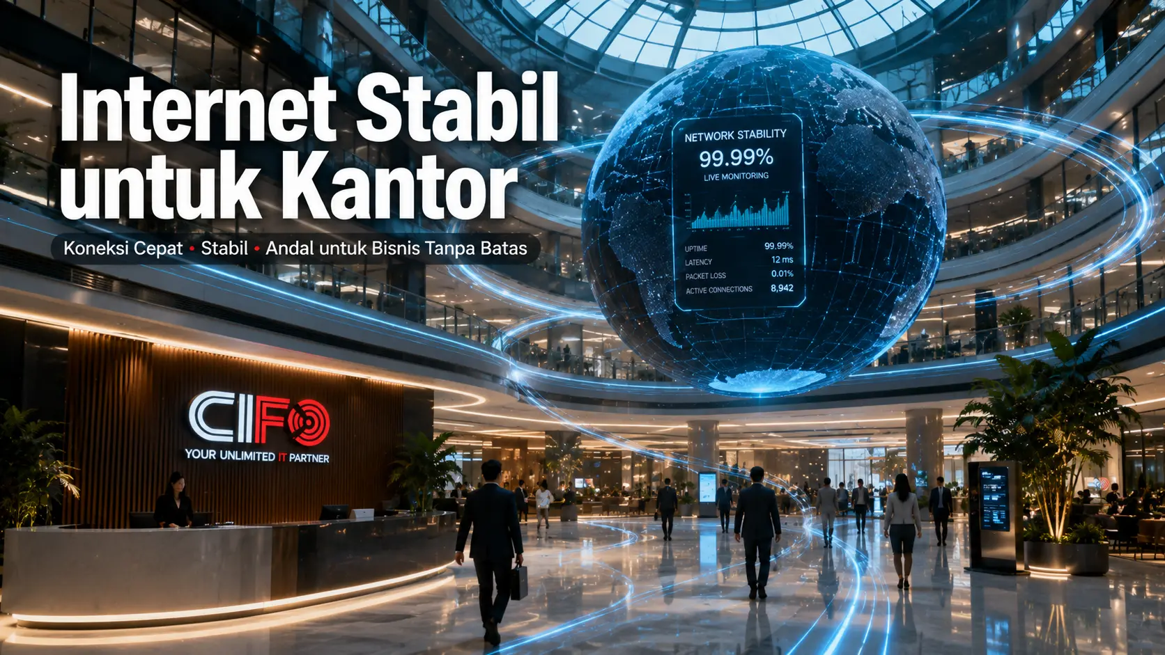 Internet Stabil untuk Kantor dari CIFO mendukung produktivitas perusahaan dengan koneksi fiber optik yang andal.